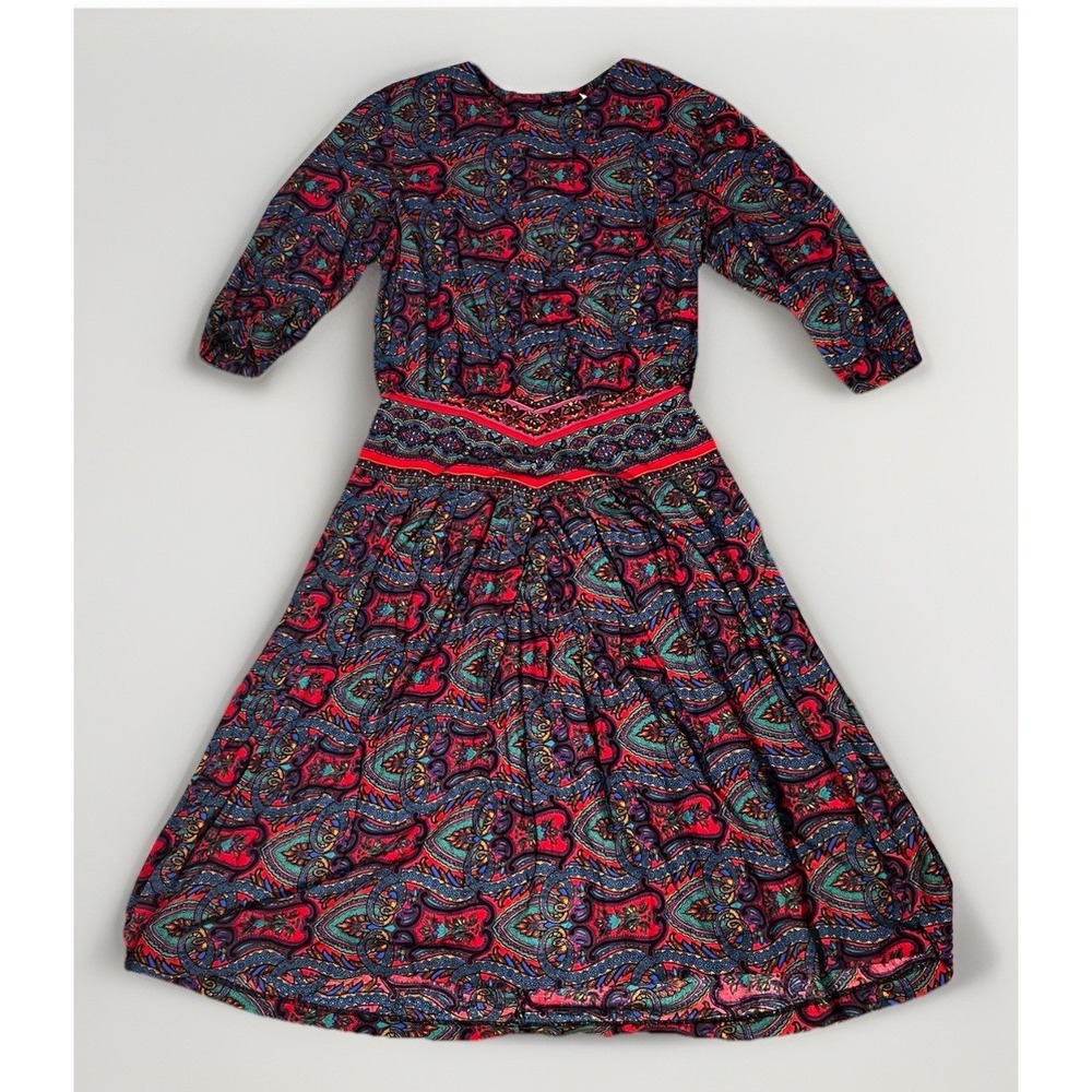 Vintage 90s Midi Dress Vibrant Paisley Print ‎ 14 Boho Chic Red Turquoise Flowey